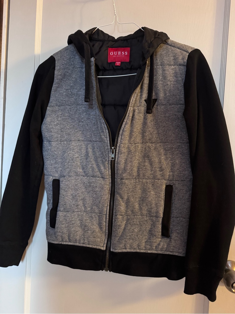 GUESS Men’s Grey Quilted Zipper Hoodie with Black Sleeves